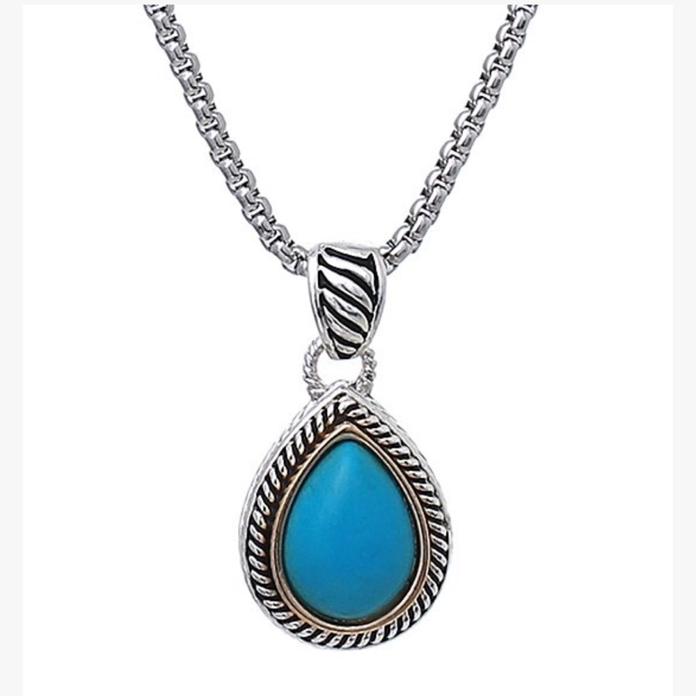 Riah Fashion-Teal and Silvertone teardrop pendant 20.5”L w/extender necklace-NWT
